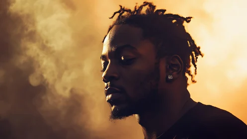 Moody side-lit portrait of man against warm smoky backdrop.