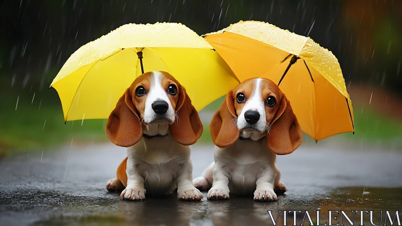 Beagle puppies under yellow umbrellas on rainy street.