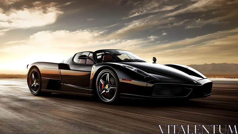 Low-angle black hypercar on desert highway at golden hour