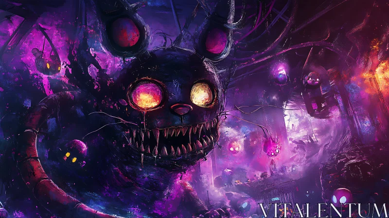 Neon demon rabbit stalks cosmic industrial nightmare