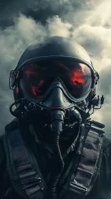 Modern fighter pilot portrait with reflective visor clouds.