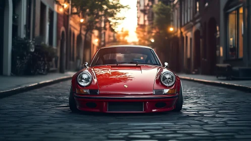 Scarlet classic sports car glows against cobblestone twilight.