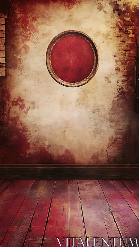 Rustic red round window in distressed vintage interior wall.
