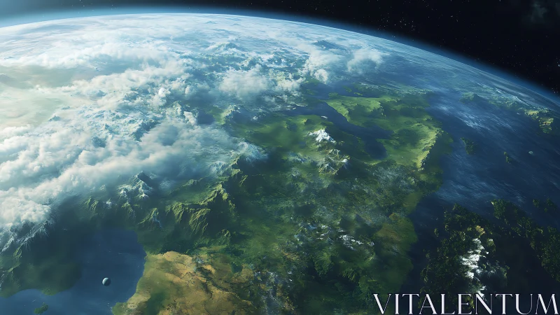 Rendered orbital view presents detailed terrestrial hemisphere