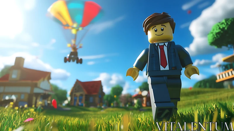 Lego-style figure walks through sunlit suburban landscape