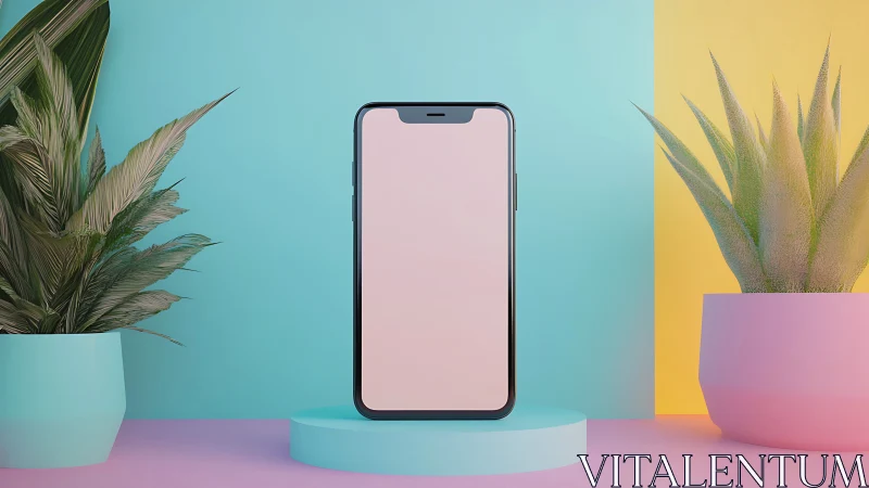 Smartphone stands between plants over pastel gradient set