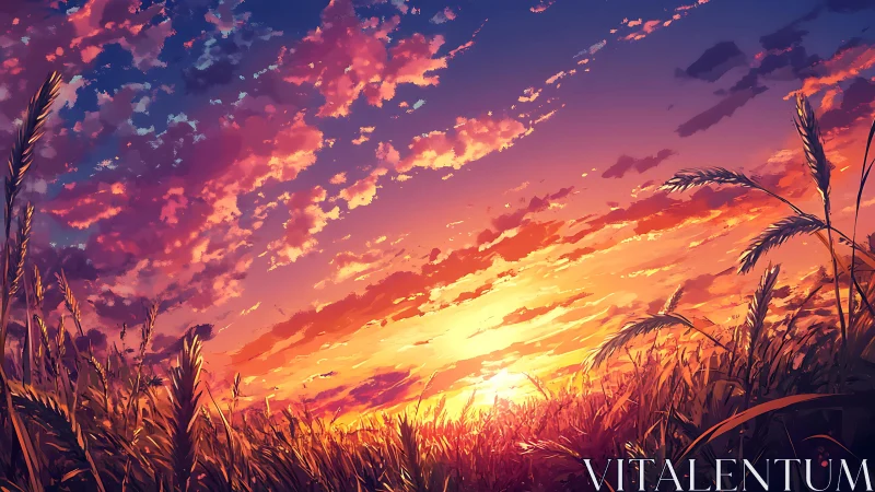 Anime sunset wheatfield in low-angle panoramic composition.