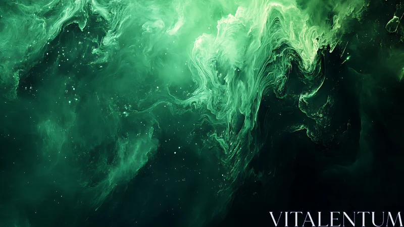 Green cosmic nebula swirl with deep space abstract forms.
