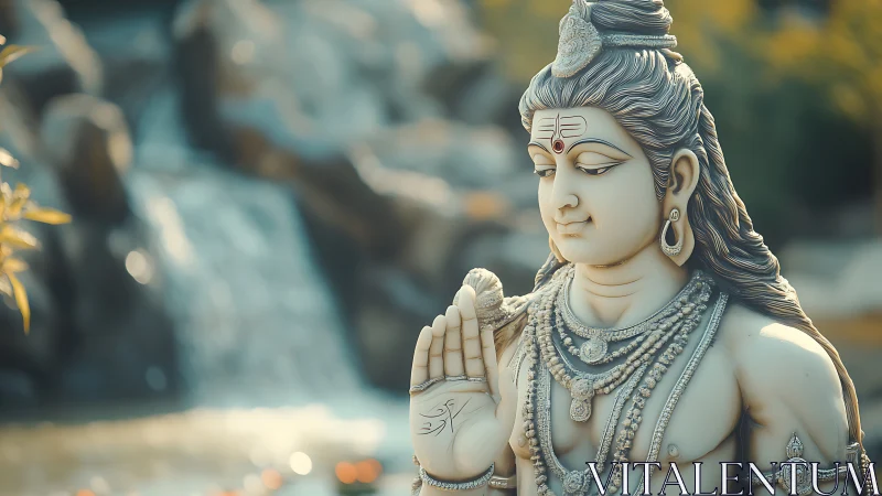 Marble Shiva statue with intricate jewelry before soft bokeh waterfall