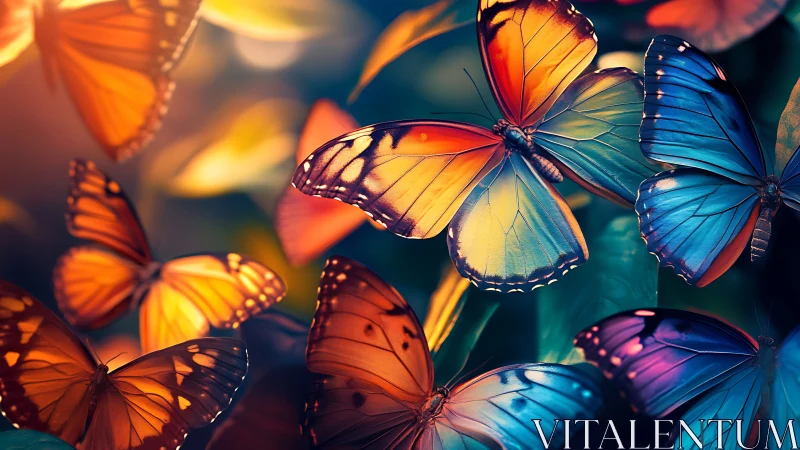 Iridescent butterflies in saturated bokeh forest light.
