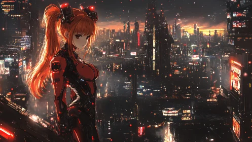 Cybernetic sentry surveys neon-drenched dystopian megacity skyline.