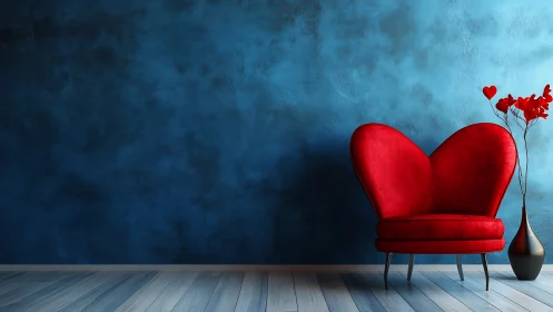 Heart-shaped red armchair contrasts textured blue wall with vase