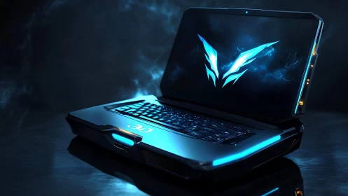Neon warship laptop hums with electric blue gaming fire.