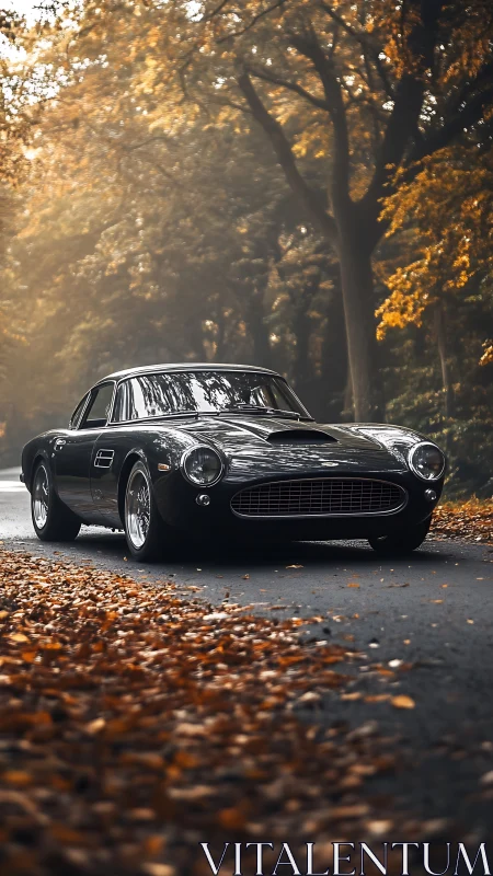 Classic grand touring coupe on misted autumn forest road.