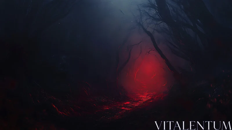 Dark twisted forest path glows with eerie red light.