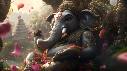 Digital Ganesha deity statue amid petals and temple backdrop.