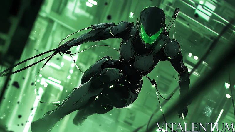 Cybernetic stealth operative descending in neon green city grid