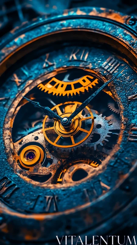 Rustic clockwork close up with glowing blue and gold gears.