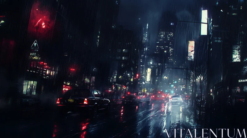 Neon soaked city street glows through heavy midnight rain