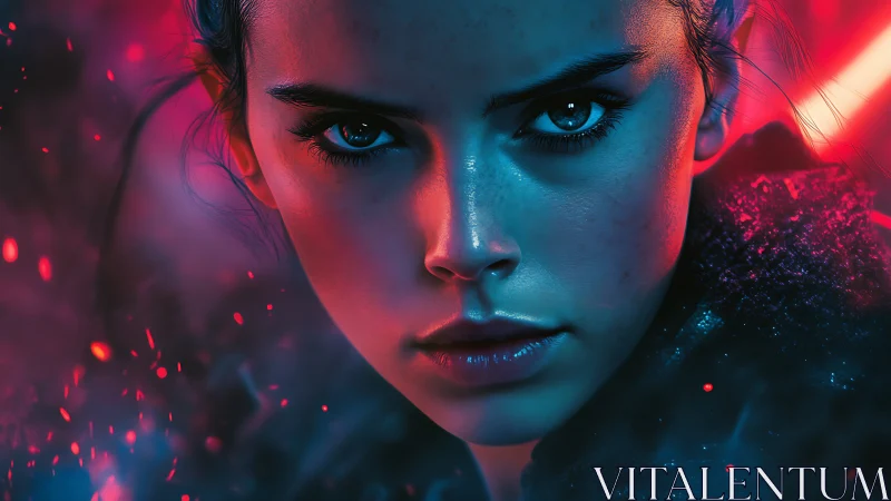 Fierce neon-lit heroine stares ahead in electric resolve