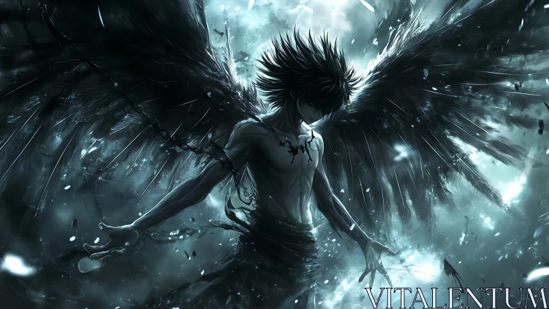 Nocturnal seraphim with fractured dark wings in stormlight.