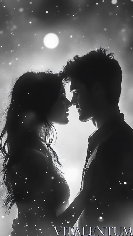 Two silhouettes facing in moonlight with falling snow.