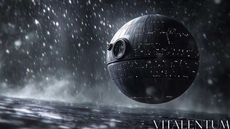 Spherical sci-fi battle station hovers above storm-lashed surface