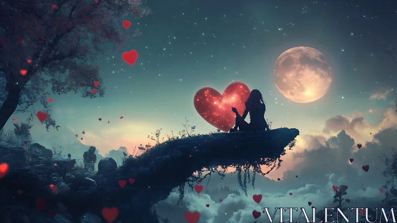 Silhouetted figure on suspended branch beneath full moon at night