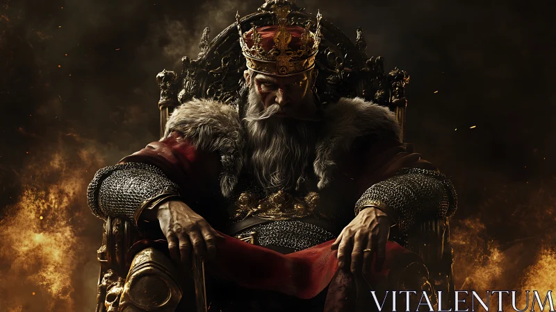 Weathered king on a burning throne of silent resolve.