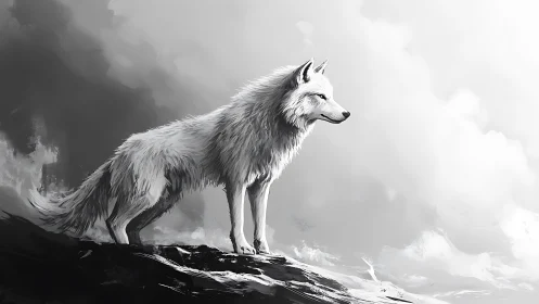 White wolf stands on rocky ridge against overcast sky