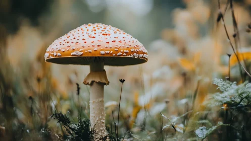 Single mushroom stands in shallow depth-of-field woodland scene