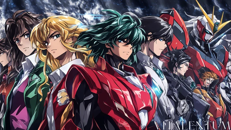 Courageous anime heroes stand united with mighty mechs.