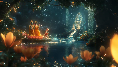 Divine figures sit on lotus above glowing forest river shrine