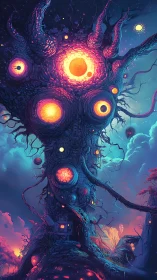 Luminescent cosmic tree organism with glowing vortex cores.