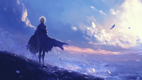 Lone cloaked figure stands on cliff under vast blue sky.