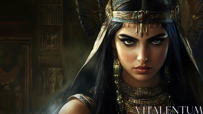 Regal Egyptian queen portrait in ornate golden headdress.