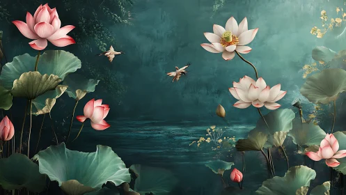 Lotus moonlighters drift above a teal whispering pond.
