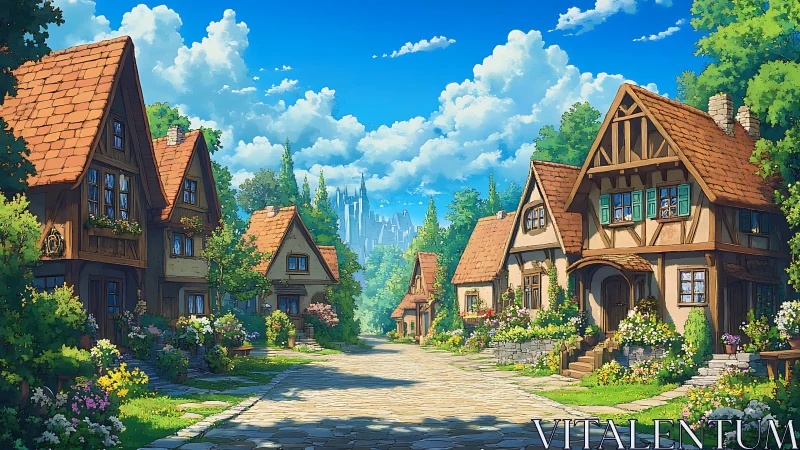 Sunny storybook village lane with cozy cottages and flowers.