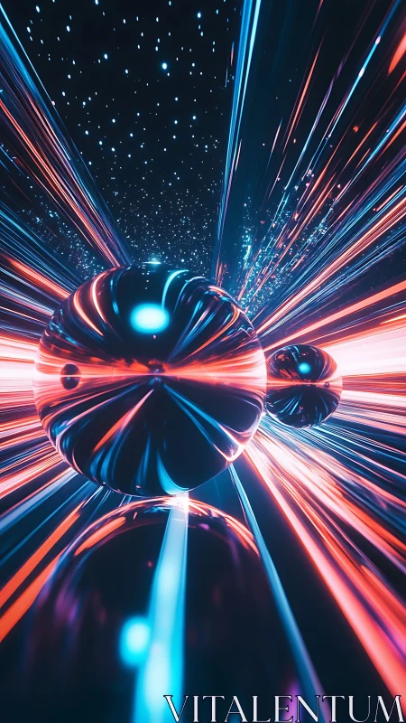 Neon chrome spheres accelerate through warped starfield corridor.