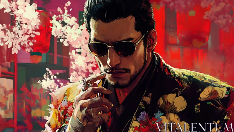 Midnight blossom king plots quietly under neon lantern skies