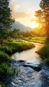 Sunlit mountain stream winds through lush green valley