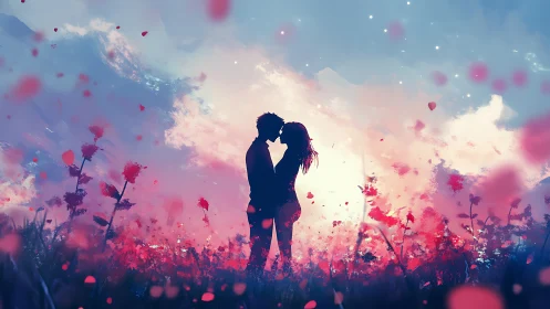 Silhouetted couple kissing amid vibrant magenta petals and mountainous skyscape