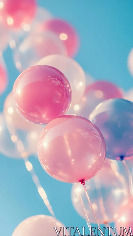Pink Spheres Against Blue Sky with Bokeh Lights.