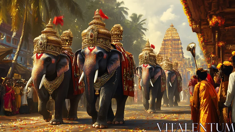 Caparisoned temple elephants advance through crowded festival street