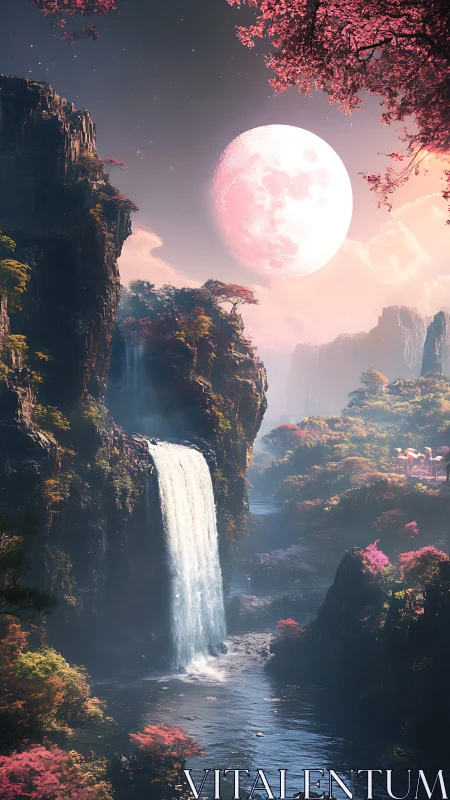 Moonlit waterfall haven under soft pink twilight sky.