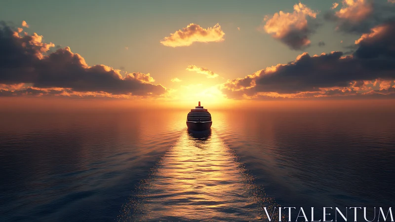 Photorealistic cruise liner at sunset on calm open sea horizon.