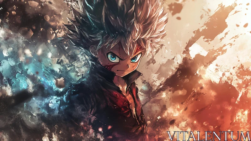 Fiery anime warrior stands defiant amid swirling chaos