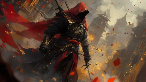 Hooded rogue warrior in cinematic red cloak amid burning city.