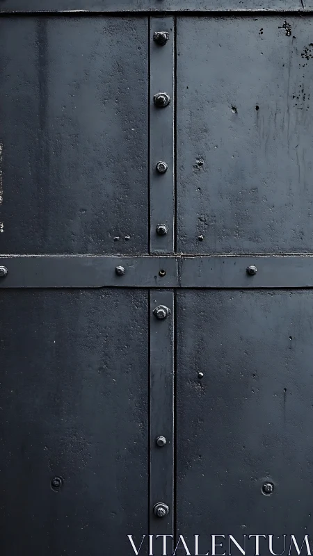 Riveted steel panel grid with industrial surface patina.