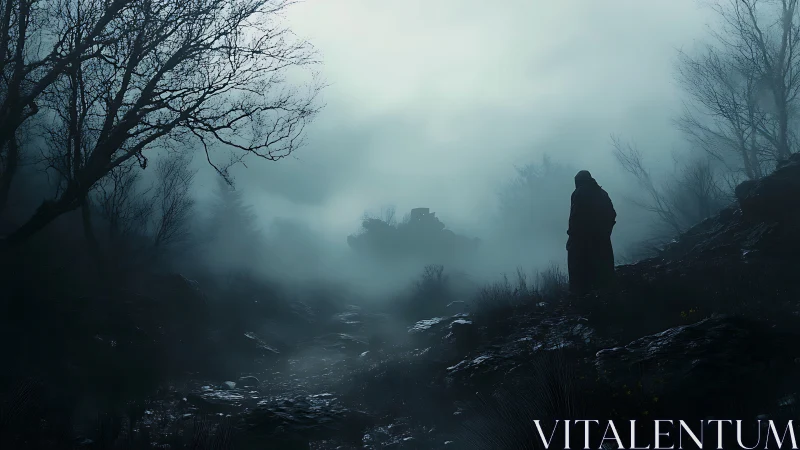 Lone wanderer haunts a mist-drowned, desolate forest path.